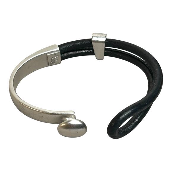 Erica Zap Platinum Plated Pewter Lasso Knob & Slide Black Leather Bracelet Mens - Picture 3 of 5